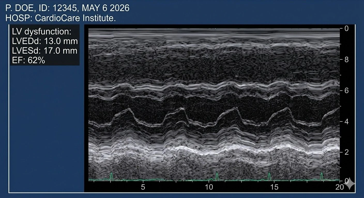 2D Echo test for heart showing cardiac chambers and valve function at Meera 4D Scans Madurai