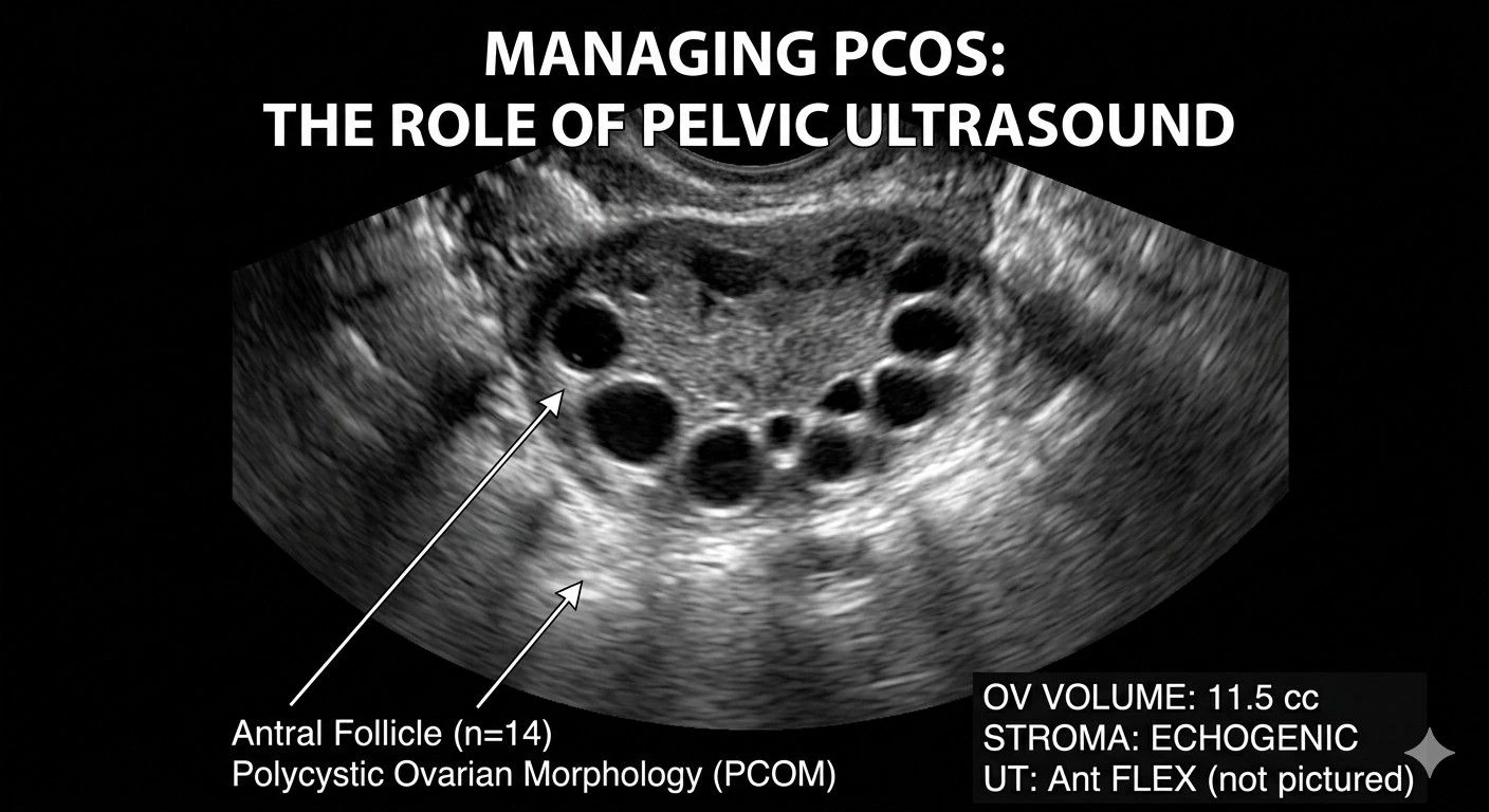 Pelvic ultrasound image showing polycystic ovaries at Meera 4D Scans Madurai