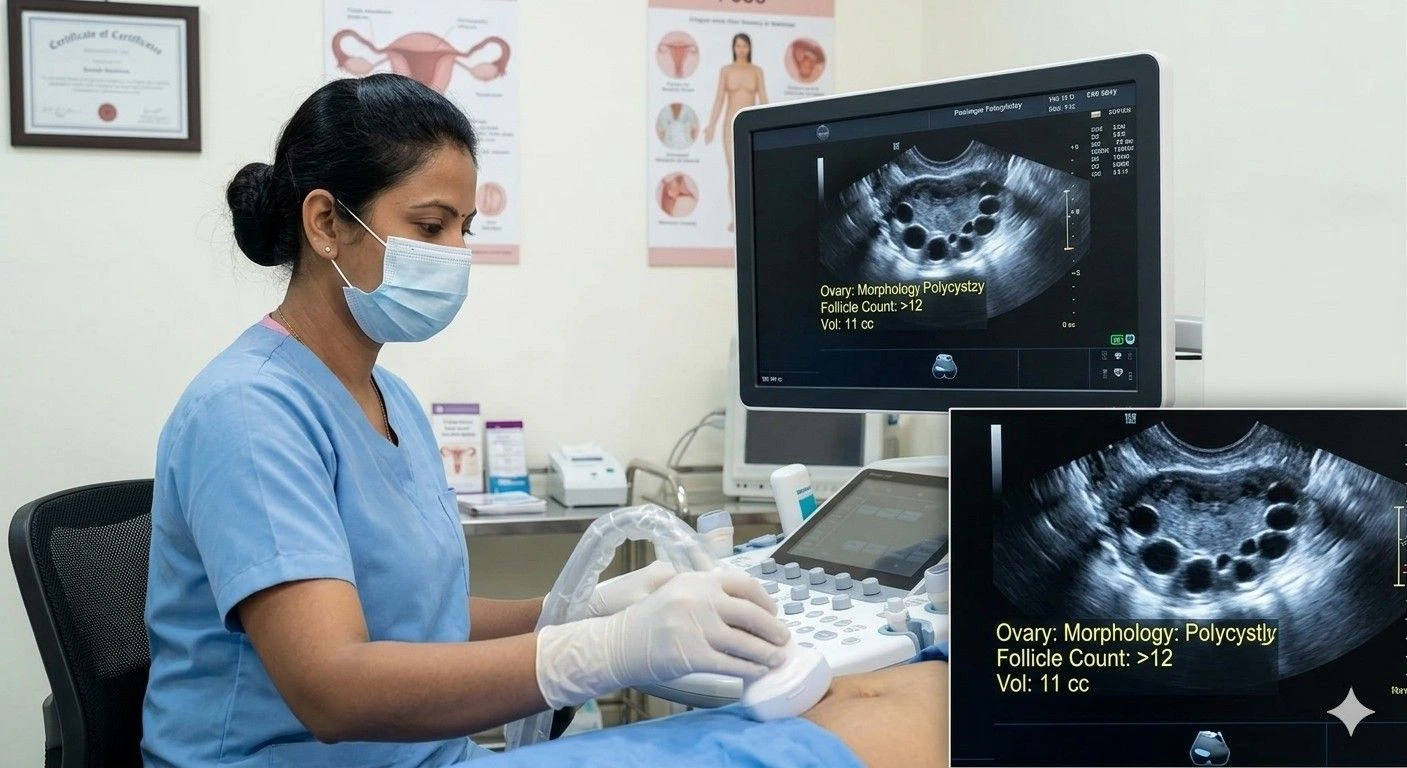 PCOS pelvic ultrasound diagnosis at Meera 4D Scans Madurai